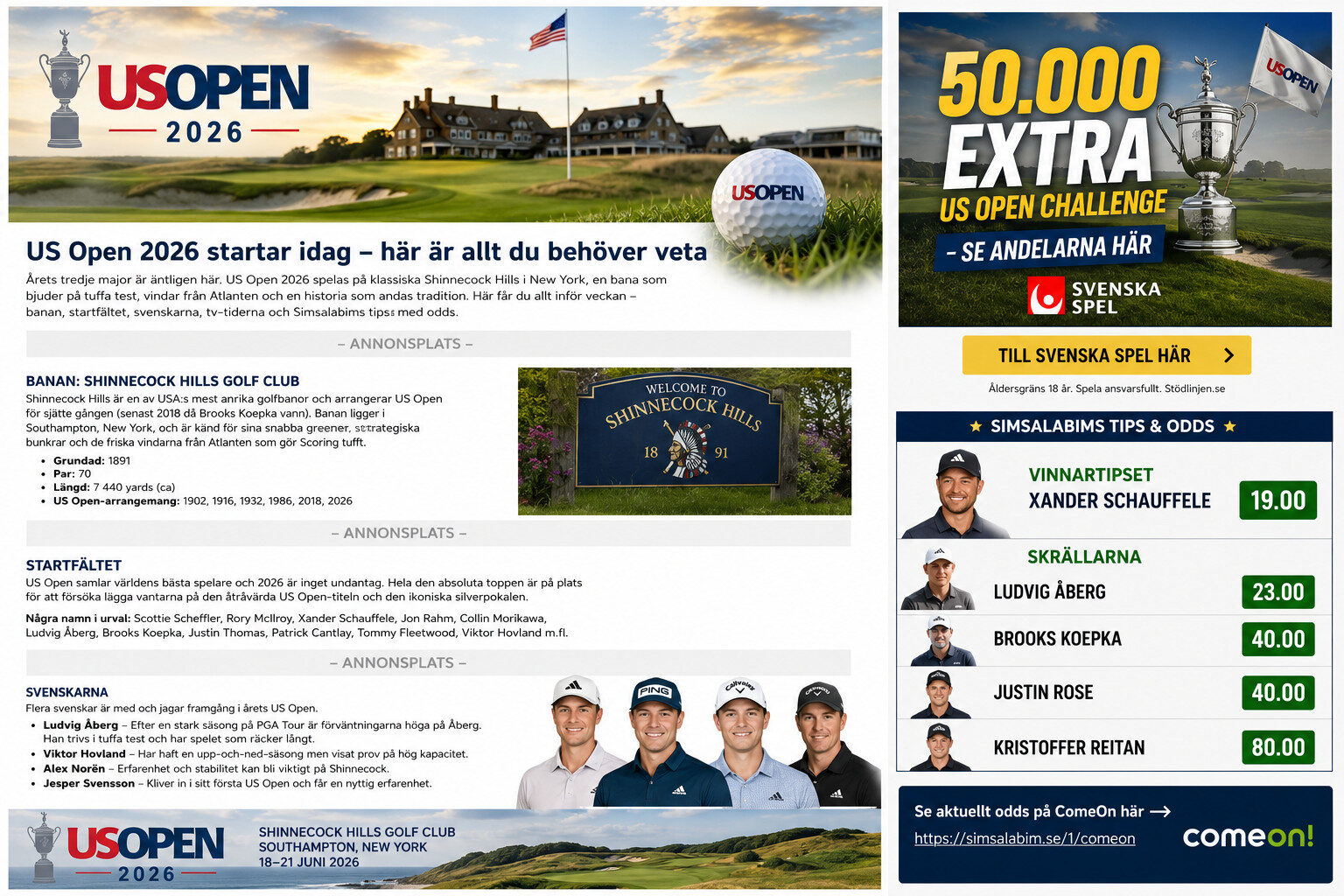 US Open 2026: Odds, startfält och våra bästa speltips inför majorn ⛳🎩